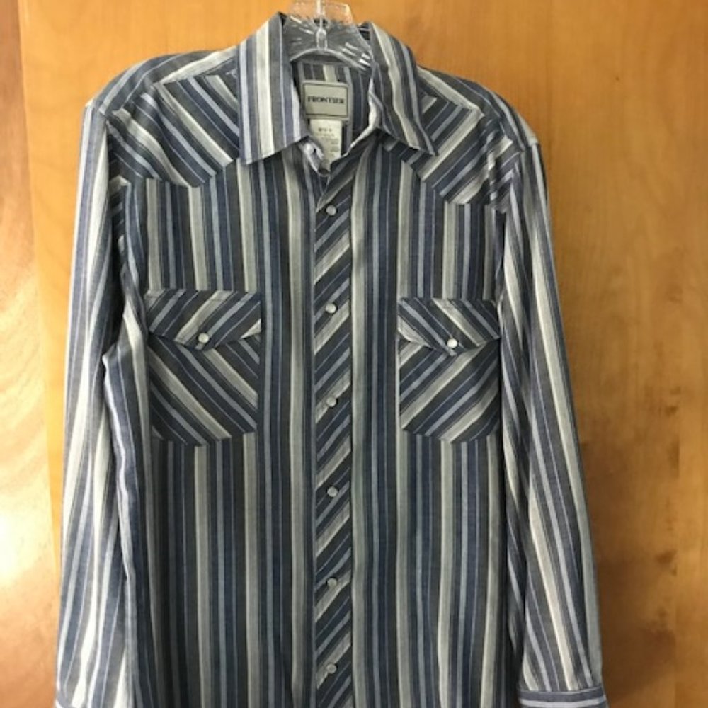 Vintage Frontier Men's Button Down Shirt Blue/Grey Western Striped Sz. Med.